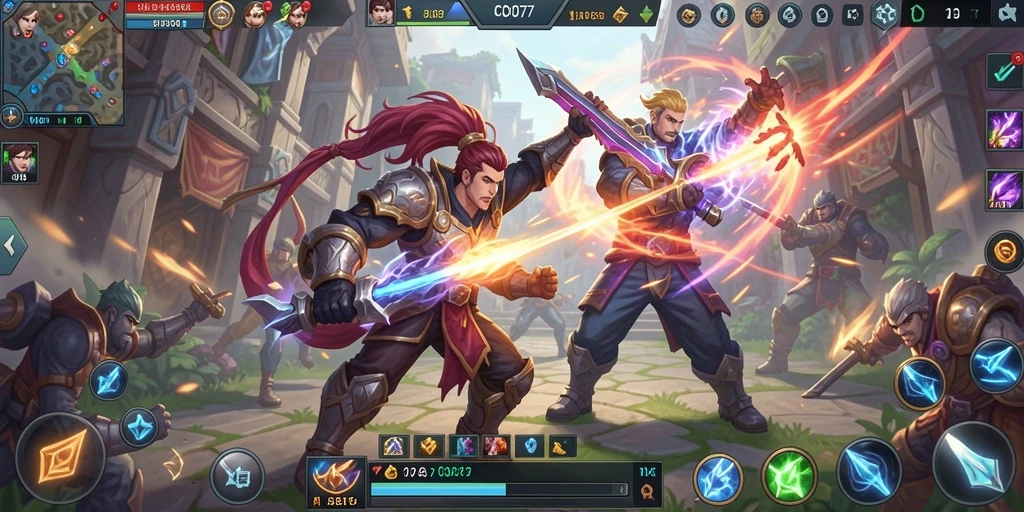 Tampilan seru gameplay <strong>COO77</strong> dalam pertarungan sengit di arena MOBA.