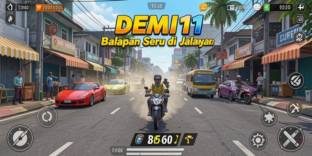 Screenshot utama DEMI11 yang menampilkan aksi balapan yang mendebarkan.