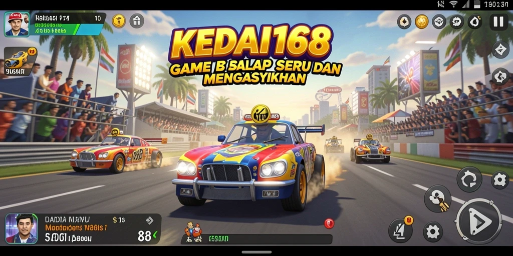 Gameplay KEDAI168 dengan mobil balap di trek yang menantang.