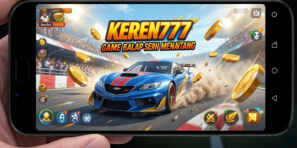Screenshot dari gameplay mendebarkan KEREN777 dengan mobil balap di lintasan.