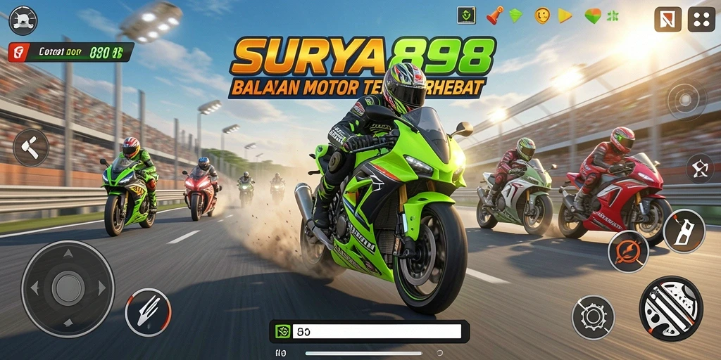 Gameplay seru dan mendebarkan di SURYA898 balapan motor.